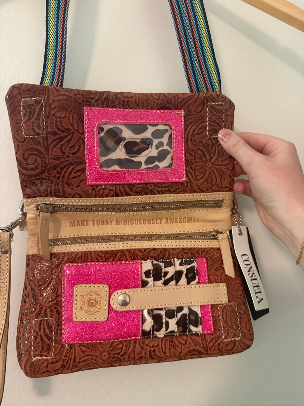 Consuela Uptown Sally Brown Floral Embossed Leather Crossbody with Rainbow Strap - Picture 5 of 6